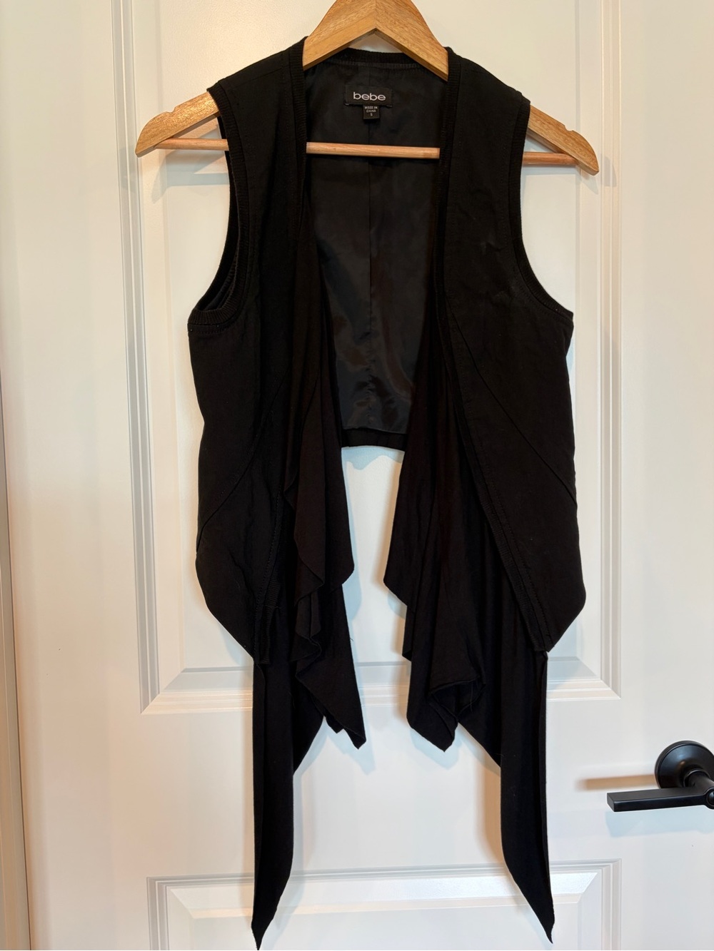bebe Black Draped Sleeveless Vest Asymmetrical Tie Hem S